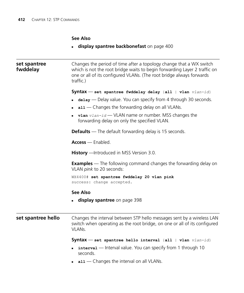 Set spantree fwddelay, Set spantree hello | 3Com Wireless LAN WX1200 User Manual | Page 412 / 646