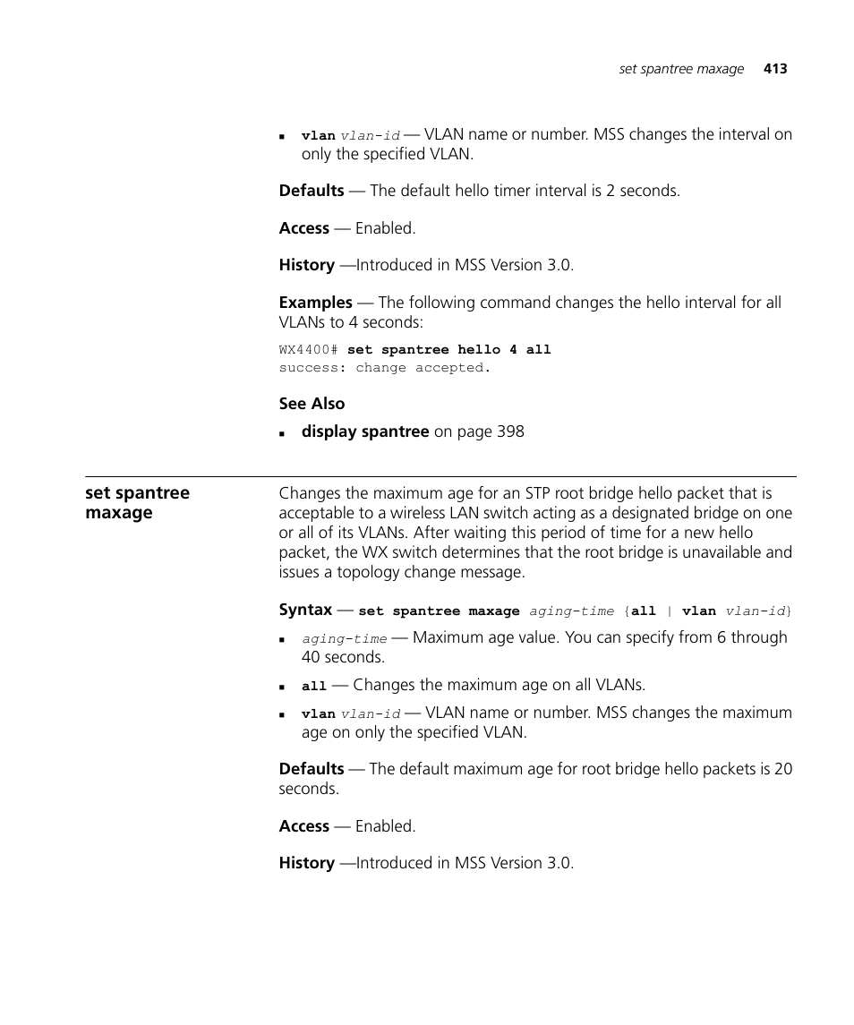 Set spantree maxage | 3Com Wireless LAN WX1200 User Manual | Page 413 / 646