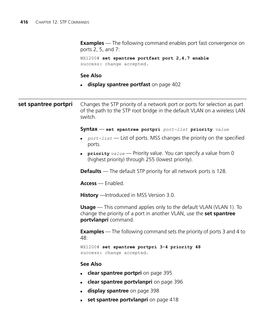 Set spantree portpri | 3Com Wireless LAN WX1200 User Manual | Page 416 / 646