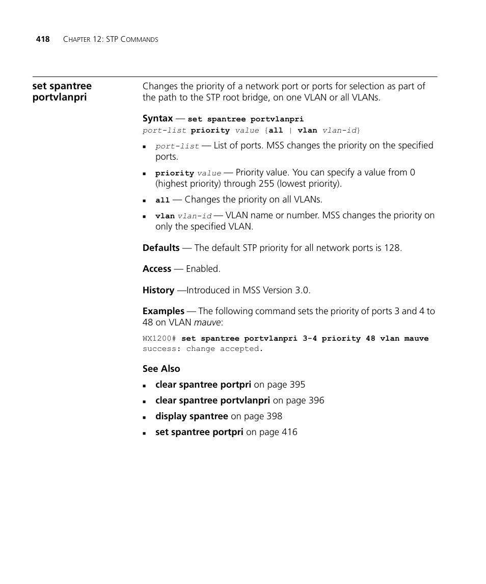 Set spantree portvlanpri | 3Com Wireless LAN WX1200 User Manual | Page 418 / 646