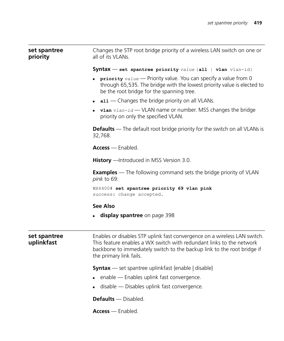 Set spantree priority, Set spantree uplinkfast | 3Com Wireless LAN WX1200 User Manual | Page 419 / 646