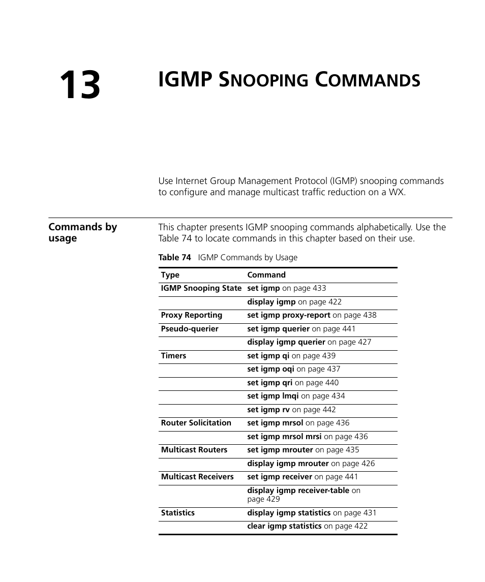 Igmp snooping commands, Commands by usage, Igmp s | Nooping, Ommands | 3Com Wireless LAN WX1200 User Manual | Page 421 / 646