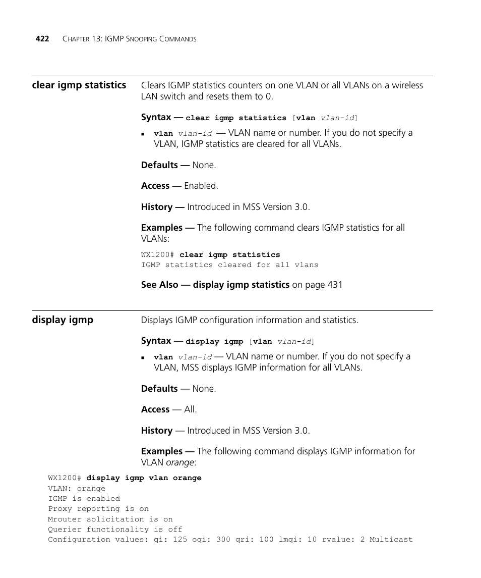Clear igmp statistics, Display igmp | 3Com Wireless LAN WX1200 User Manual | Page 422 / 646