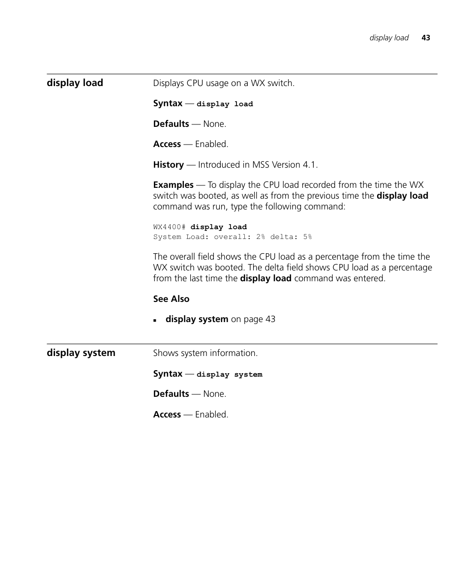 Display load, Display system | 3Com Wireless LAN WX1200 User Manual | Page 43 / 646