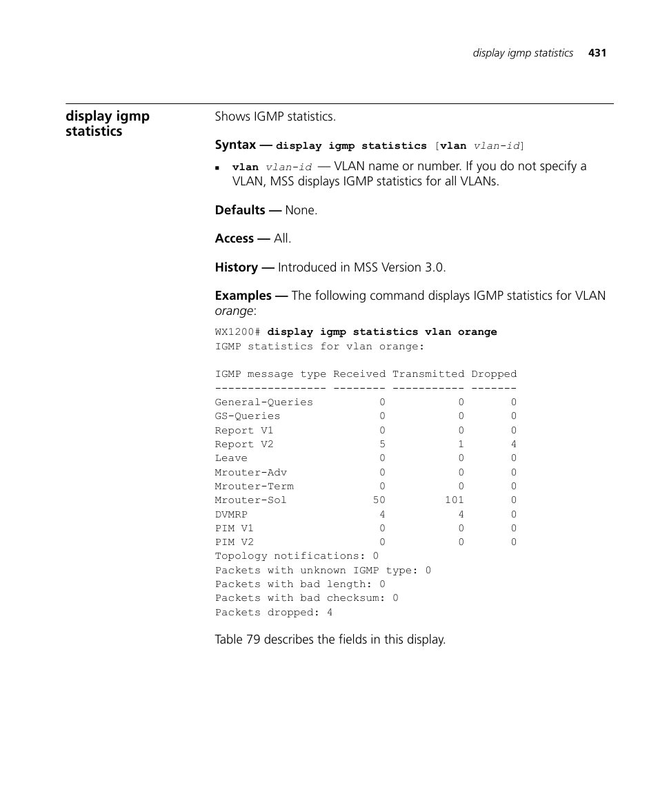 Display igmp statistics | 3Com Wireless LAN WX1200 User Manual | Page 431 / 646