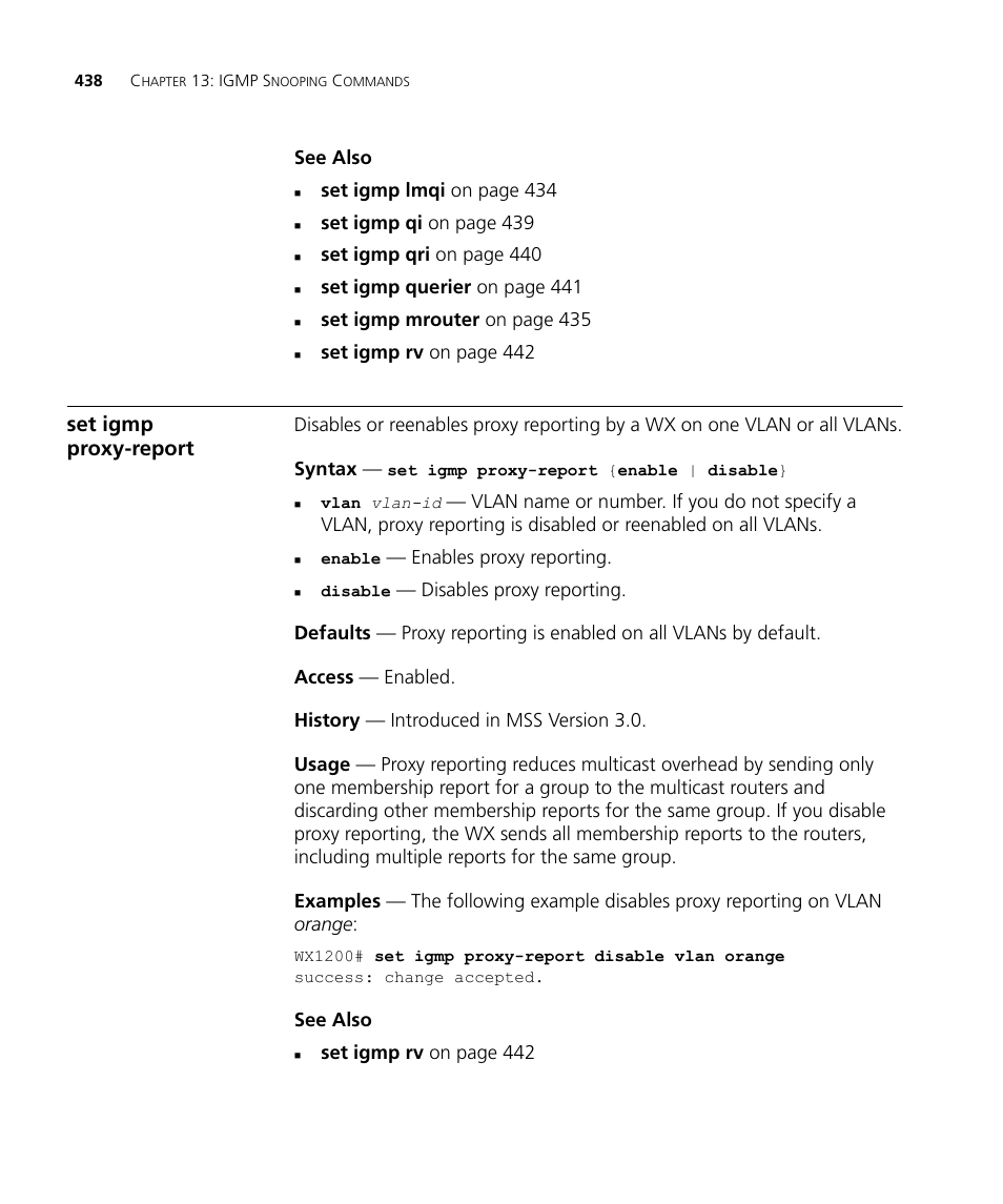 Set igmp proxy-report | 3Com Wireless LAN WX1200 User Manual | Page 438 / 646