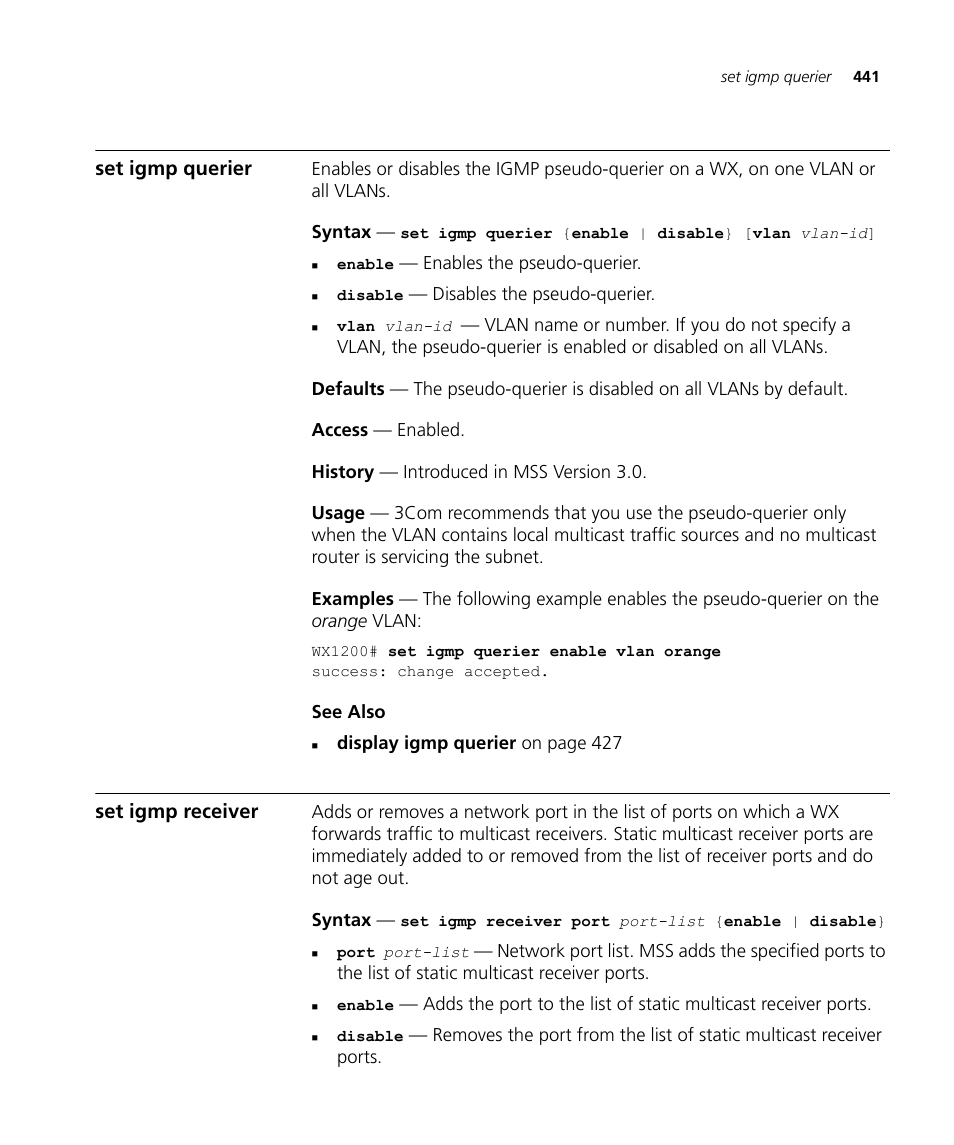 Set igmp querier, Set igmp receiver | 3Com Wireless LAN WX1200 User Manual | Page 441 / 646