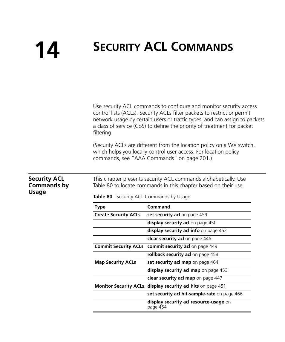 Security acl commands, Security acl commands by usage, Ecurity | Acl c, Ommands, Chapter 14.) | 3Com Wireless LAN WX1200 User Manual | Page 445 / 646