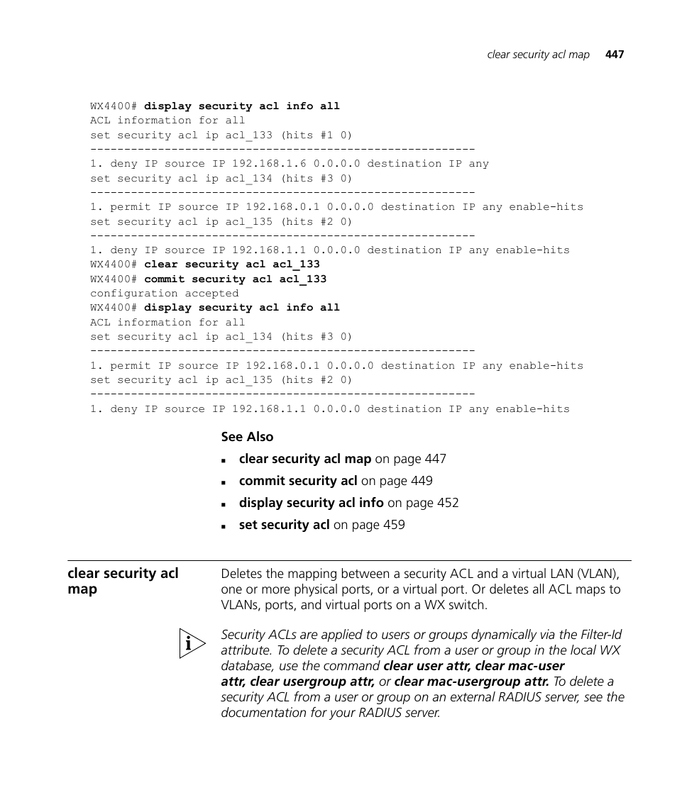 Clear security acl map | 3Com Wireless LAN WX1200 User Manual | Page 447 / 646