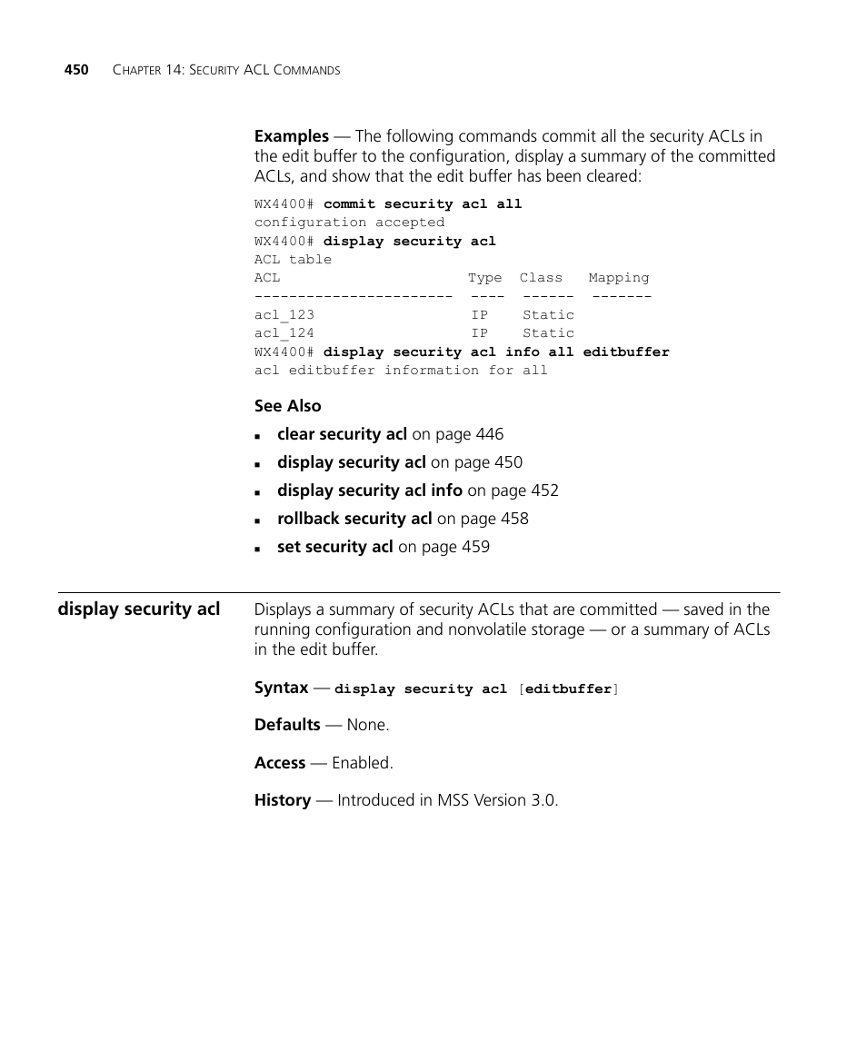 Display security acl | 3Com Wireless LAN WX1200 User Manual | Page 450 / 646