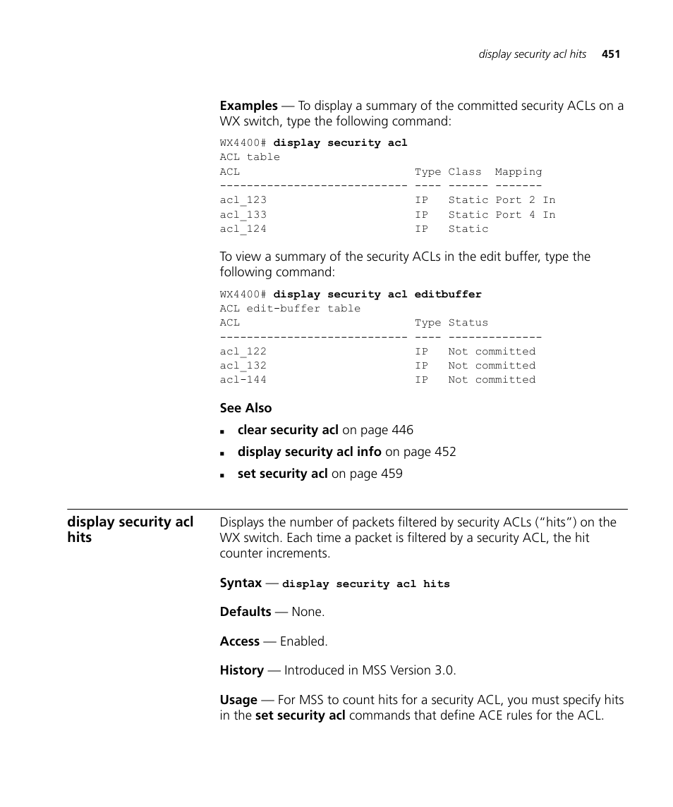 Display security acl hits | 3Com Wireless LAN WX1200 User Manual | Page 451 / 646