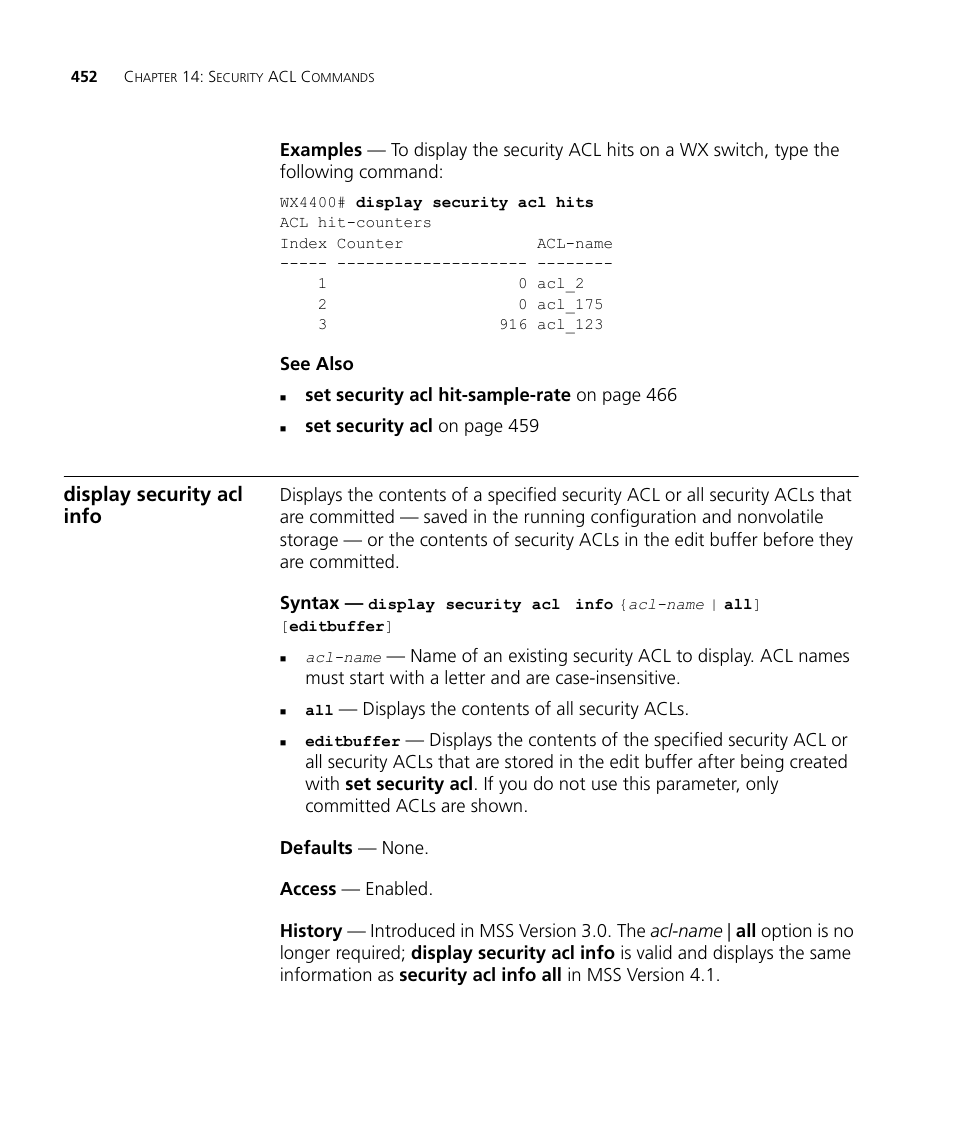 Display security acl info | 3Com Wireless LAN WX1200 User Manual | Page 452 / 646