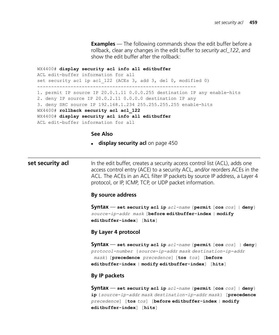 Set security acl | 3Com Wireless LAN WX1200 User Manual | Page 459 / 646