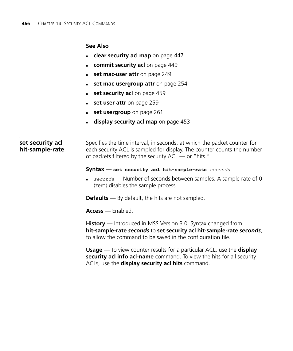 Set security acl hit-sample-rate | 3Com Wireless LAN WX1200 User Manual | Page 466 / 646