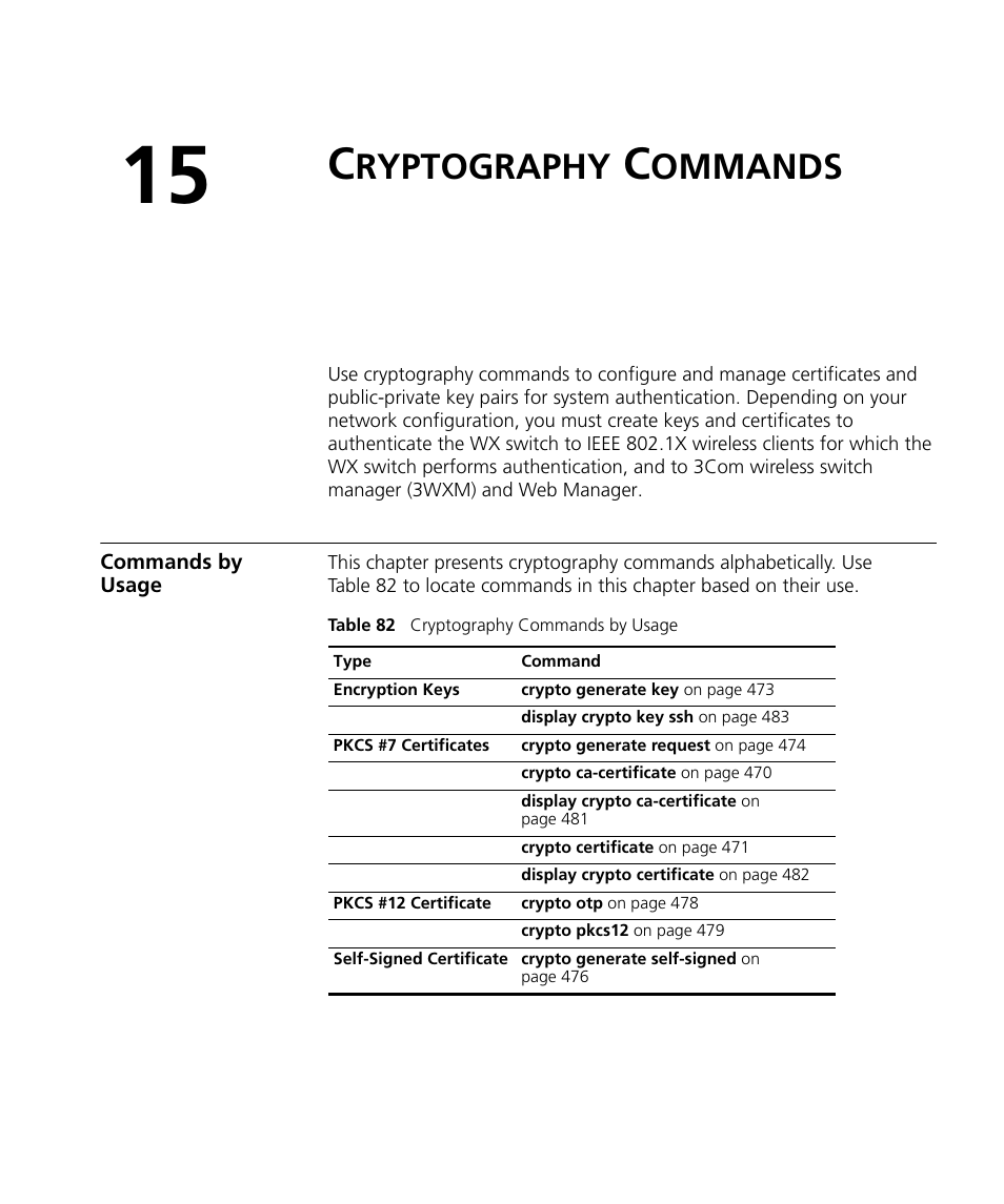 Cryptography commands, Commands by usage, Ryptography | Ommands | 3Com Wireless LAN WX1200 User Manual | Page 469 / 646