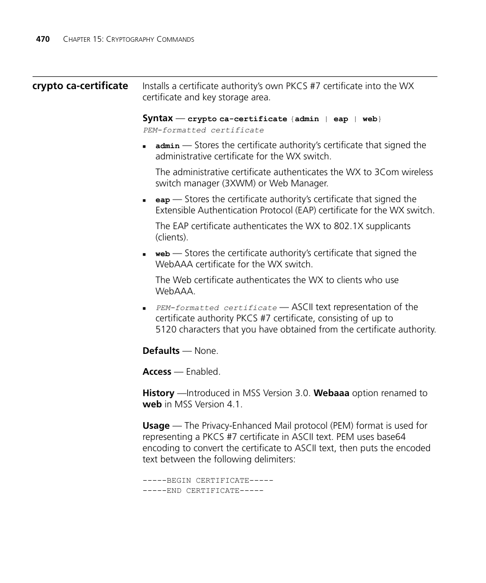 Crypto ca-certificate | 3Com Wireless LAN WX1200 User Manual | Page 470 / 646