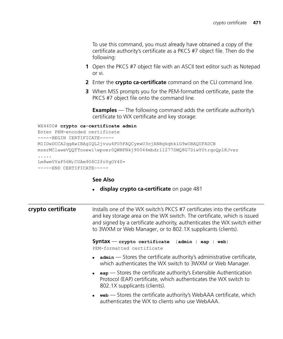 Crypto certificate | 3Com Wireless LAN WX1200 User Manual | Page 471 / 646