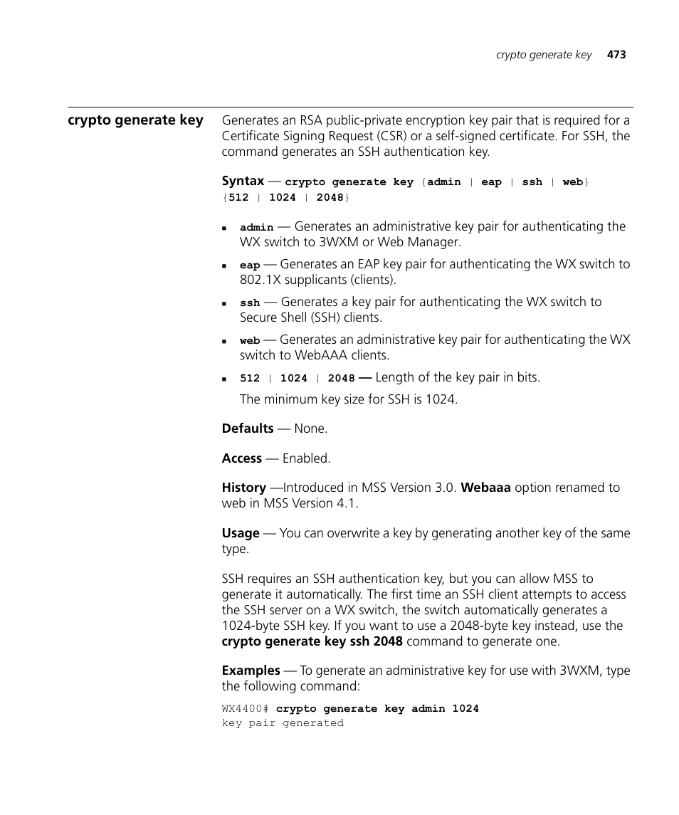 Crypto generate key | 3Com Wireless LAN WX1200 User Manual | Page 473 / 646
