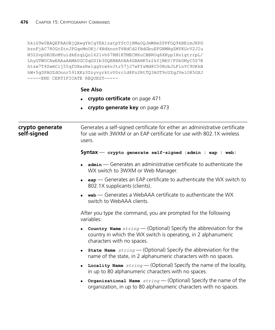 Crypto generate self-signed, Crypto generate self-signed on | 3Com Wireless LAN WX1200 User Manual | Page 476 / 646