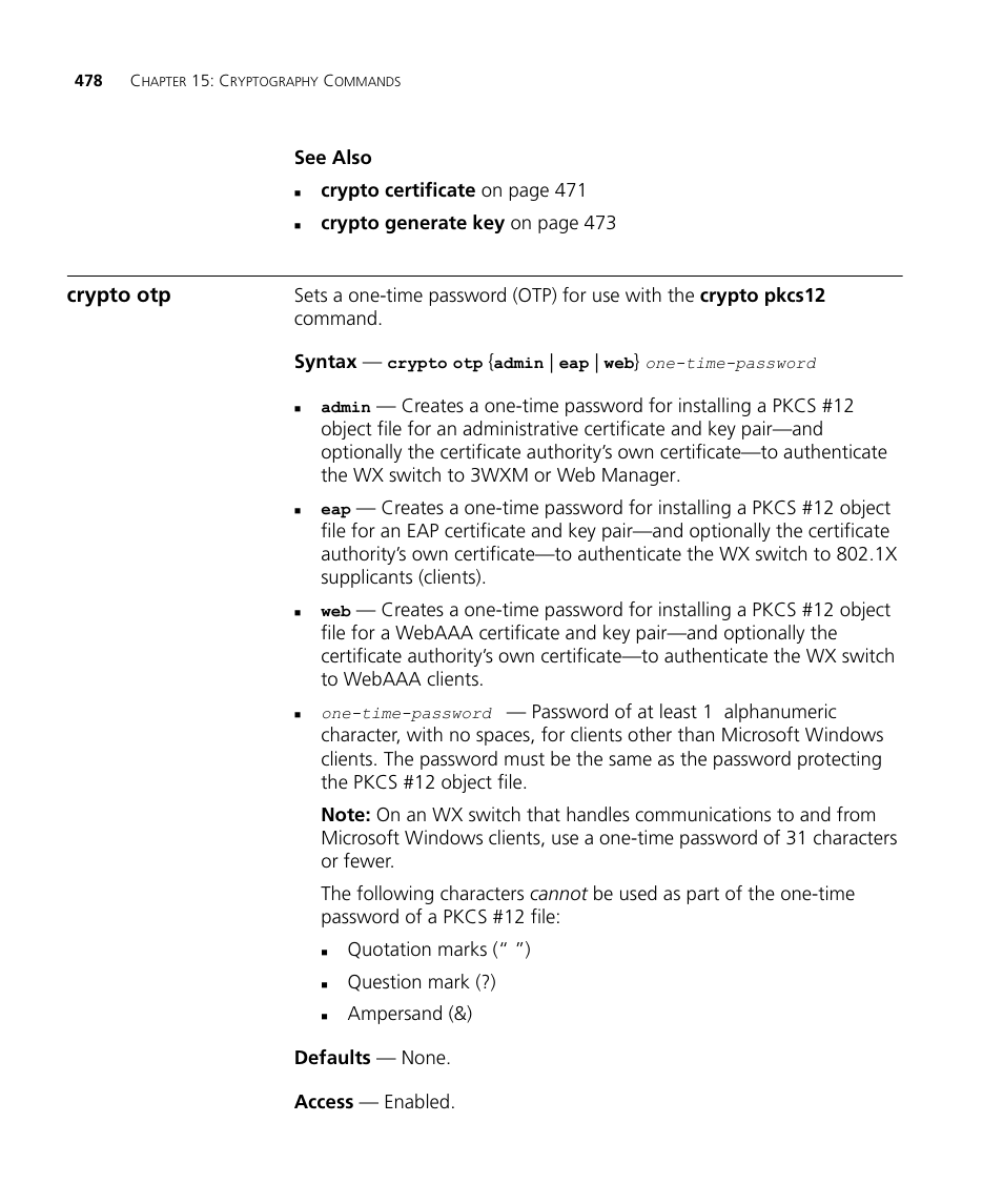 Crypto otp | 3Com Wireless LAN WX1200 User Manual | Page 478 / 646