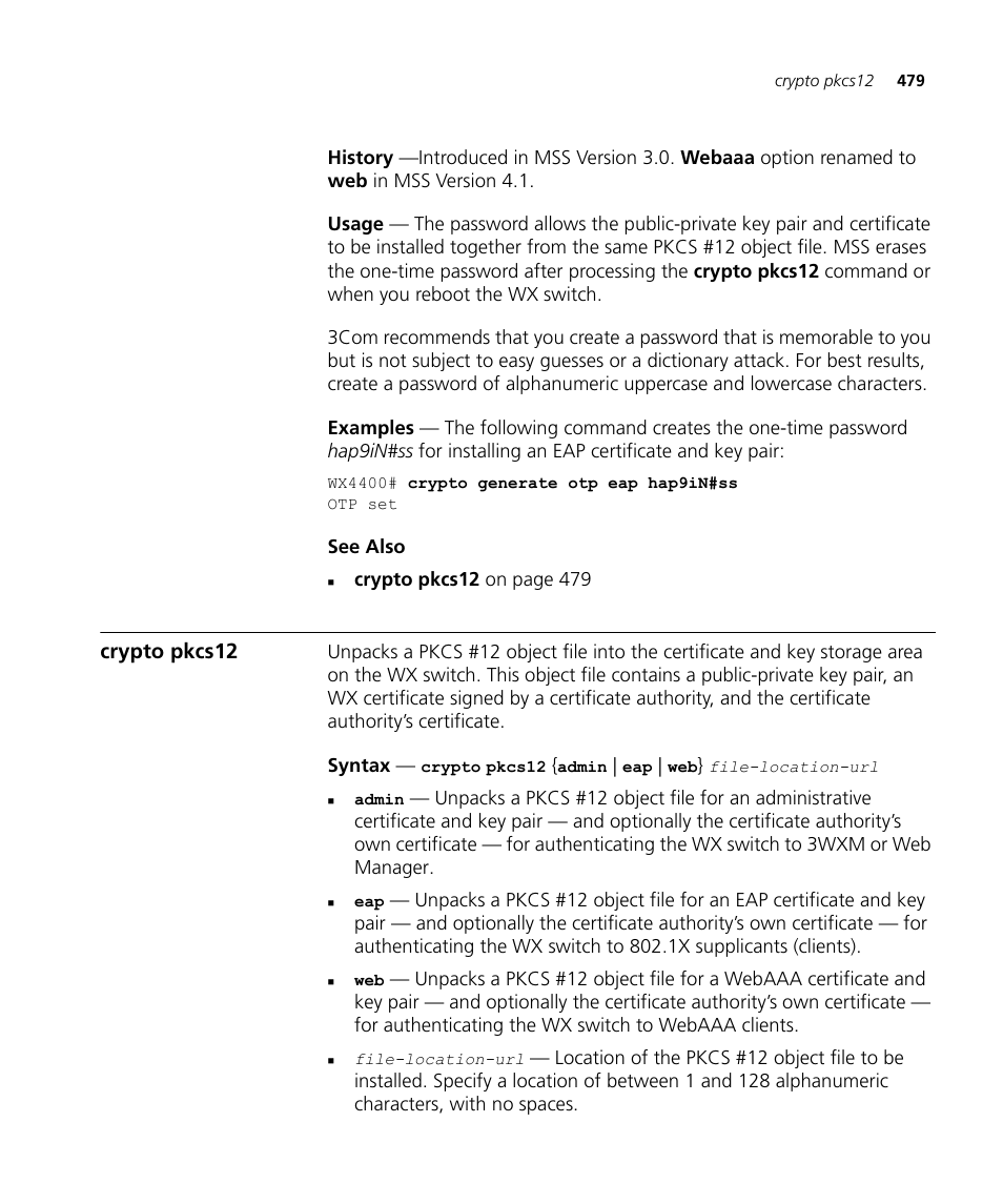 Crypto pkcs12 | 3Com Wireless LAN WX1200 User Manual | Page 479 / 646