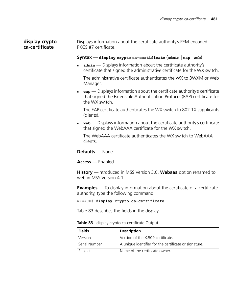 Display crypto ca-certificate | 3Com Wireless LAN WX1200 User Manual | Page 481 / 646