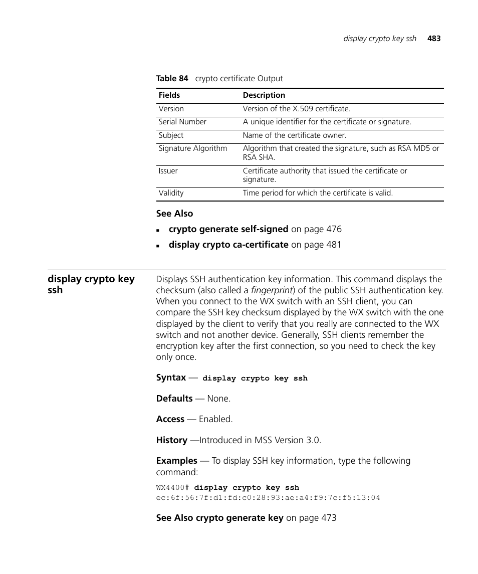 Display crypto key ssh | 3Com Wireless LAN WX1200 User Manual | Page 483 / 646