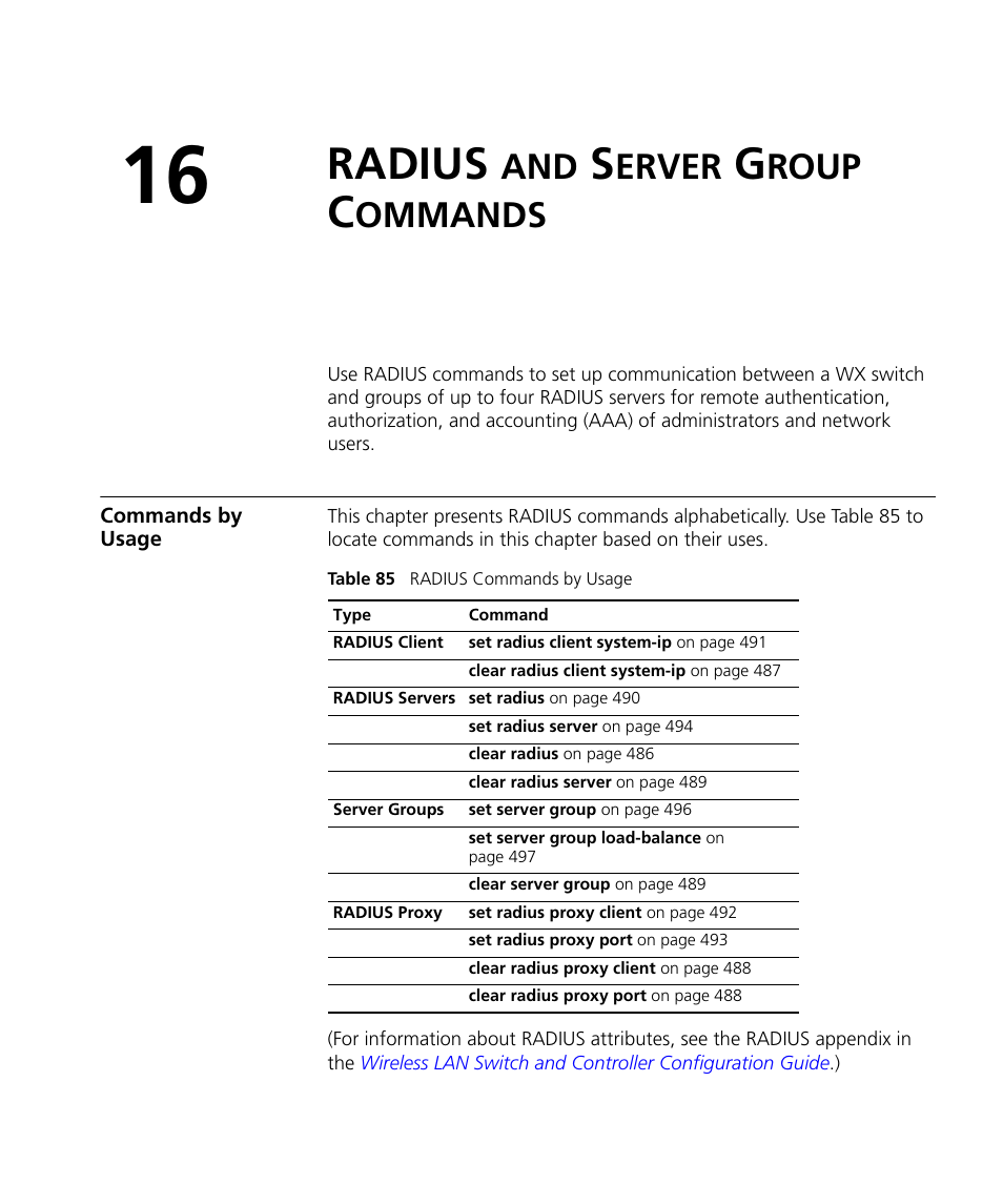 Radius and server group commands, Commands by usage, Radius | Erver, Roup, Ommands | 3Com Wireless LAN WX1200 User Manual | Page 485 / 646