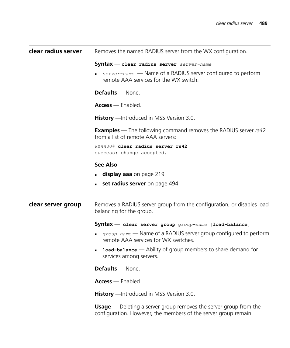 Clear radius server, Clear server group | 3Com Wireless LAN WX1200 User Manual | Page 489 / 646