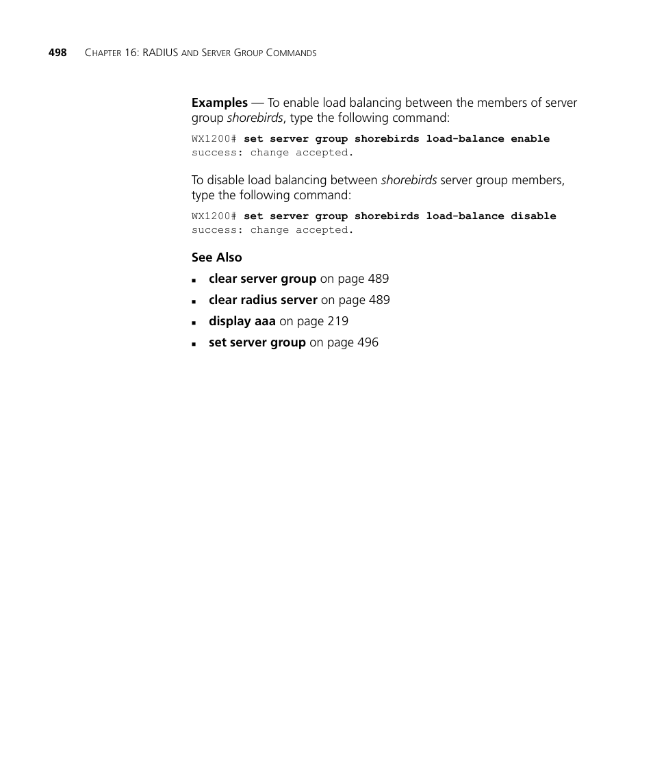 See also, Clear server group on page 489, Clear radius server on page 489 | Display aaa on page 219, Set server group on page 496 | 3Com Wireless LAN WX1200 User Manual | Page 498 / 646