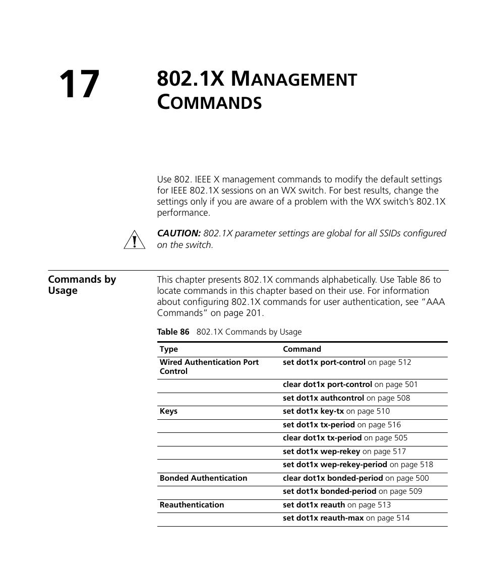 1x management commands, Commands by usage, 1x m | Anagement, Ommands | 3Com Wireless LAN WX1200 User Manual | Page 499 / 646