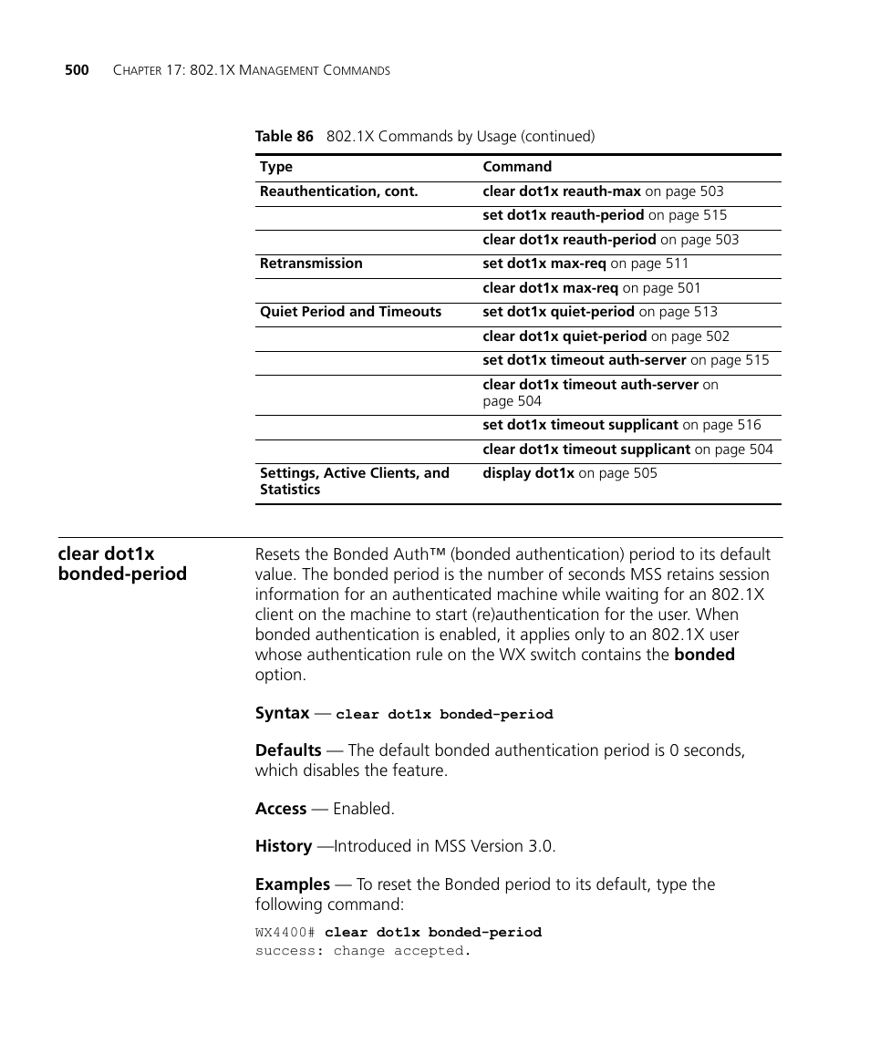 Clear dot1x bonded-period | 3Com Wireless LAN WX1200 User Manual | Page 500 / 646