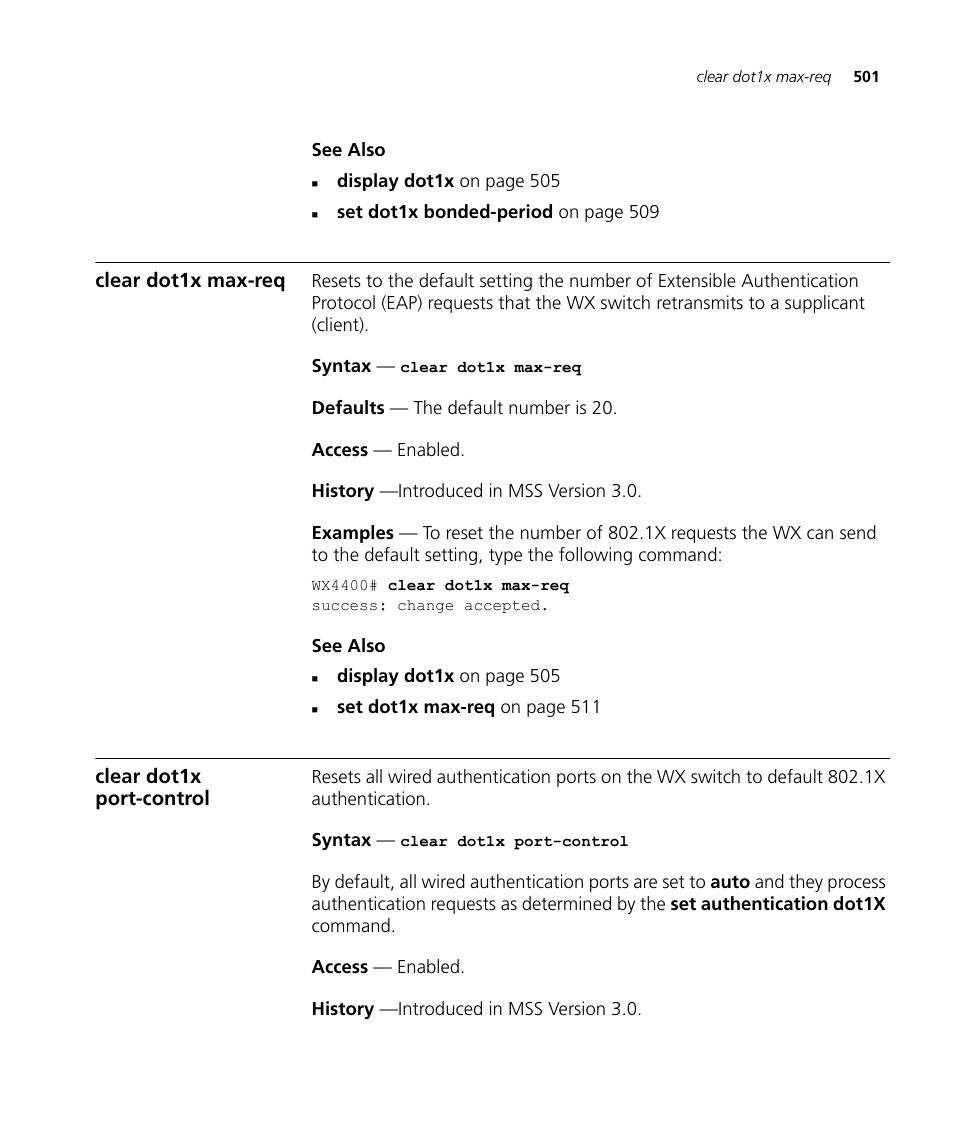 Clear dot1x max-req, Clear dot1x port-control | 3Com Wireless LAN WX1200 User Manual | Page 501 / 646
