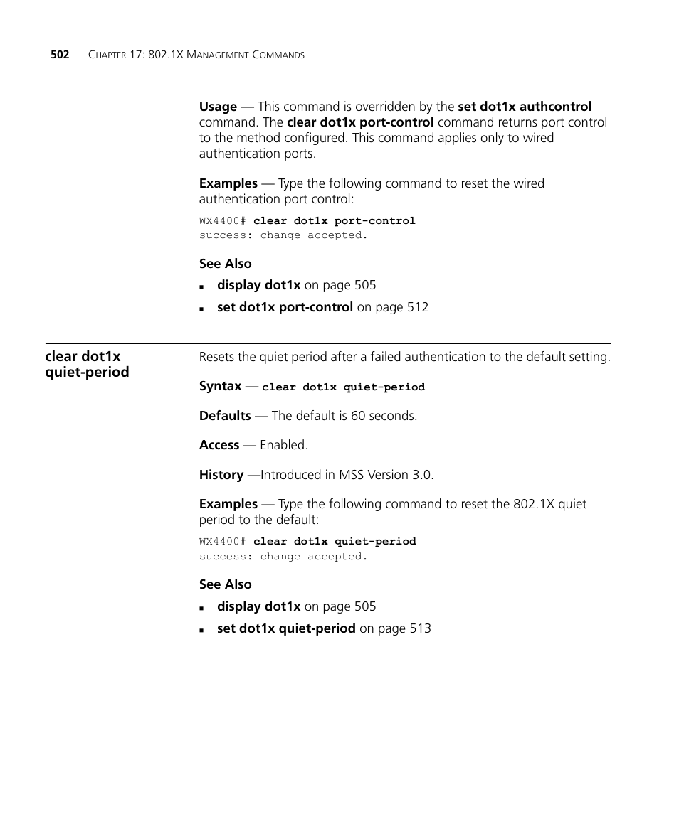 Clear dot1x quiet-period | 3Com Wireless LAN WX1200 User Manual | Page 502 / 646