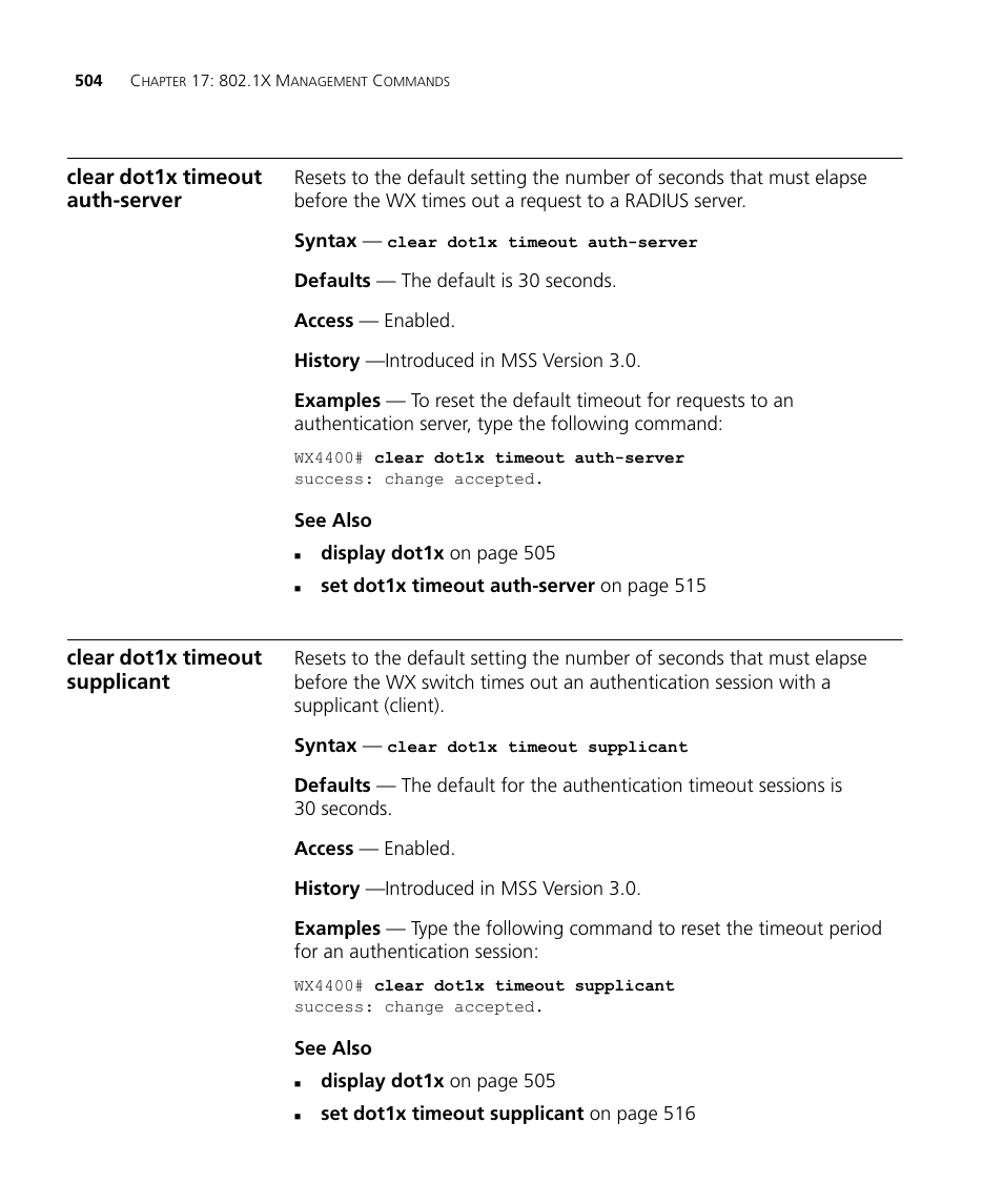 Clear dot1x timeout auth-server, Clear dot1x timeout supplicant | 3Com Wireless LAN WX1200 User Manual | Page 504 / 646