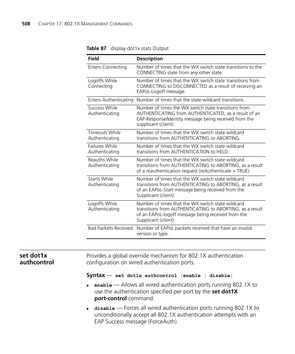 Set dot1x authcontrol | 3Com Wireless LAN WX1200 User Manual | Page 508 / 646
