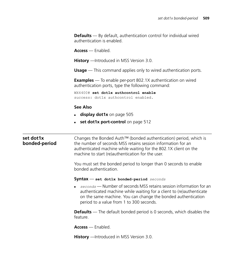 Set dot1x bonded-period | 3Com Wireless LAN WX1200 User Manual | Page 509 / 646