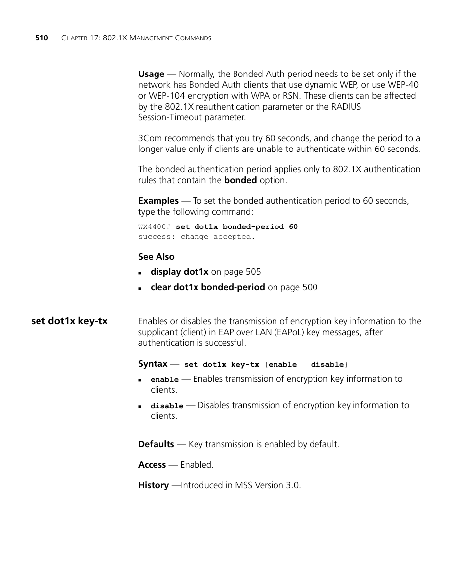 Set dot1x key-tx | 3Com Wireless LAN WX1200 User Manual | Page 510 / 646