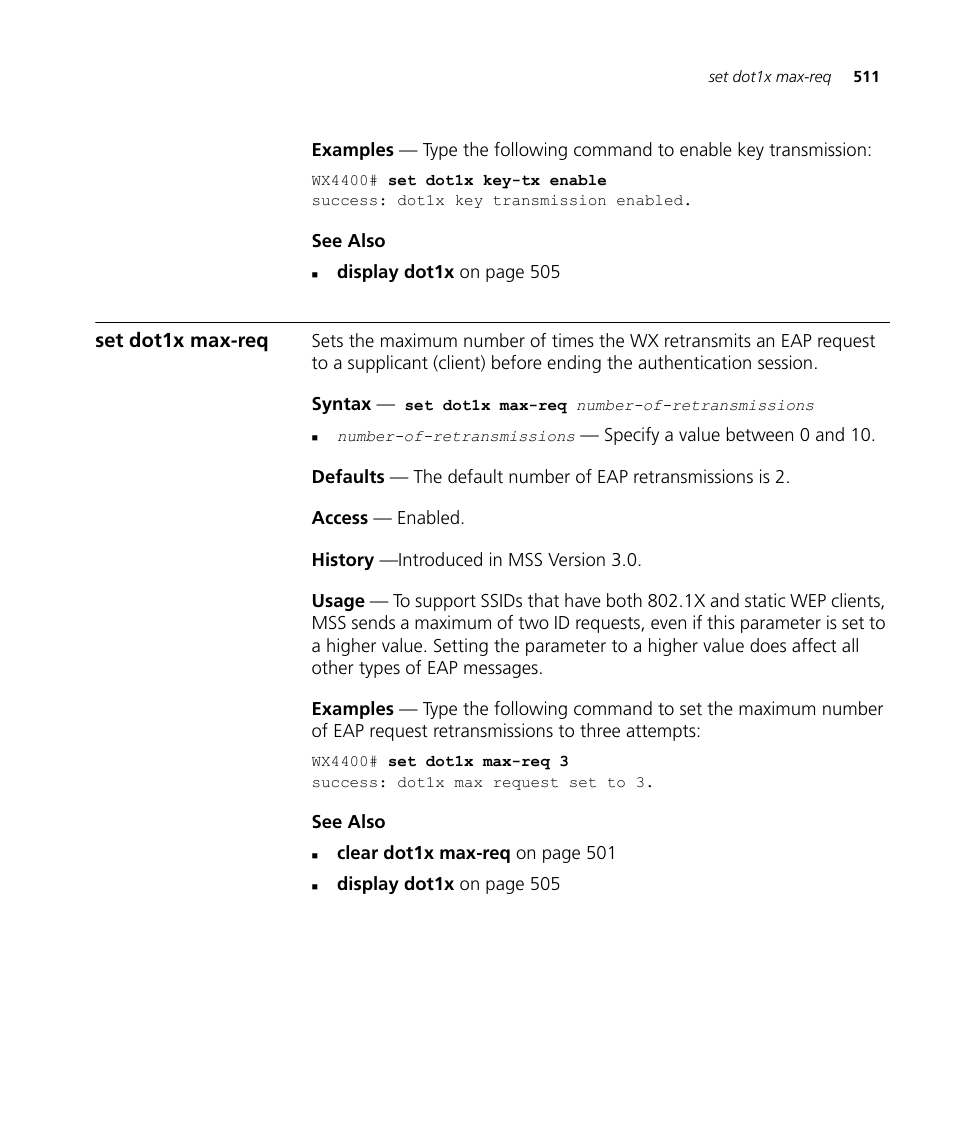 Set dot1x max-req | 3Com Wireless LAN WX1200 User Manual | Page 511 / 646