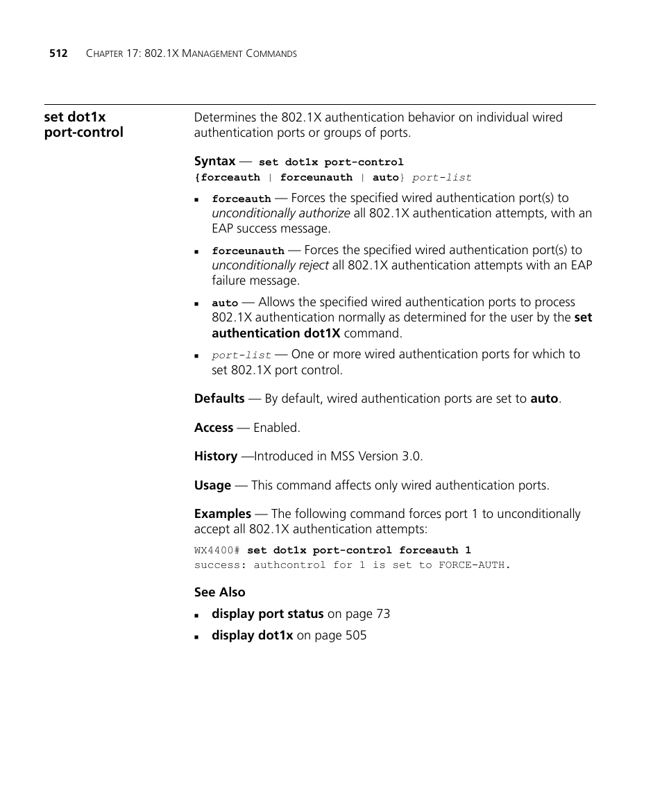 Set dot1x port-control | 3Com Wireless LAN WX1200 User Manual | Page 512 / 646