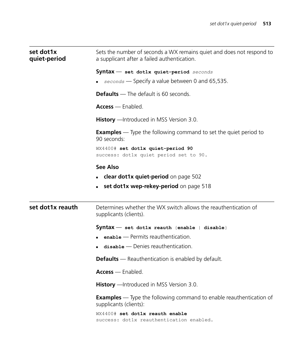 Set dot1x quiet-period, Set dot1x reauth | 3Com Wireless LAN WX1200 User Manual | Page 513 / 646