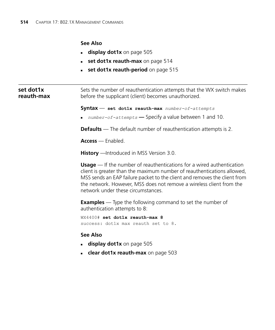 Set dot1x reauth-max | 3Com Wireless LAN WX1200 User Manual | Page 514 / 646