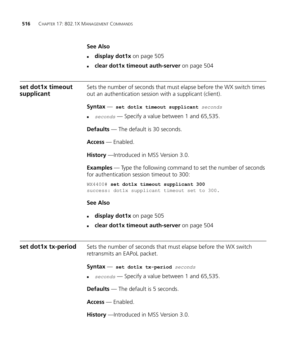 Set dot1x timeout supplicant, Set dot1x tx-period | 3Com Wireless LAN WX1200 User Manual | Page 516 / 646