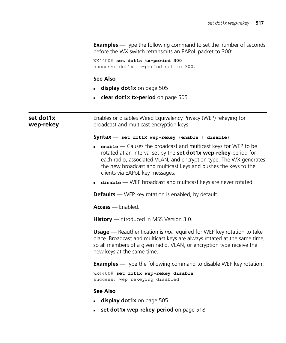 Set dot1x wep-rekey | 3Com Wireless LAN WX1200 User Manual | Page 517 / 646