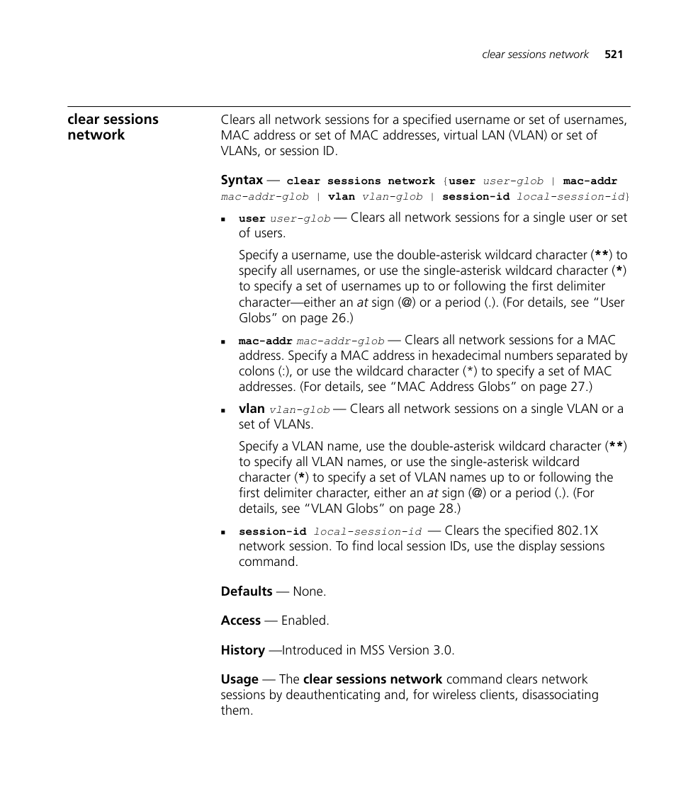 Clear sessions network | 3Com Wireless LAN WX1200 User Manual | Page 521 / 646
