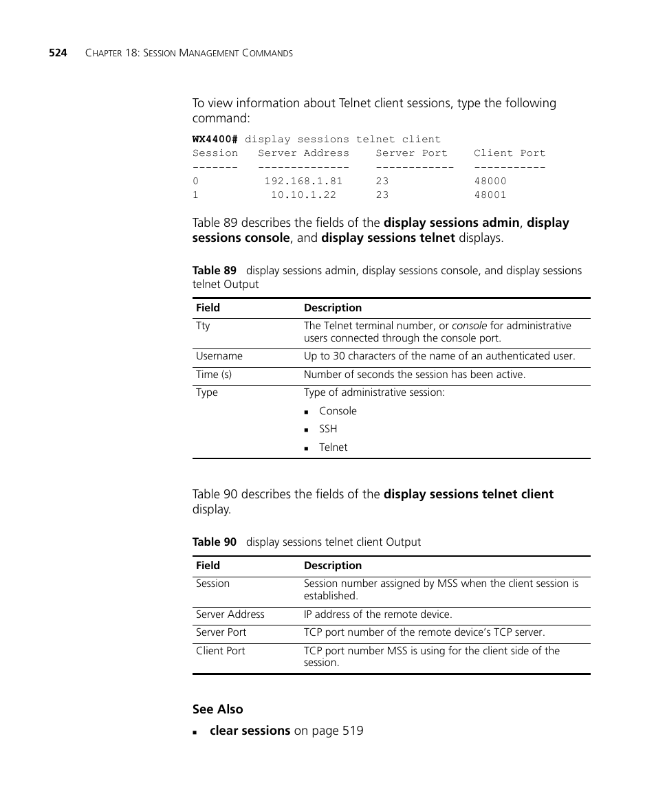 Clear sessions on page 519 | 3Com Wireless LAN WX1200 User Manual | Page 524 / 646