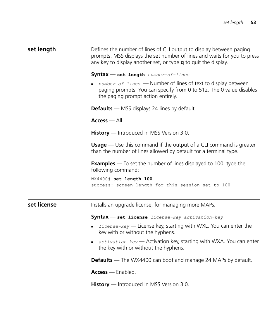 Set length, Set license | 3Com Wireless LAN WX1200 User Manual | Page 53 / 646