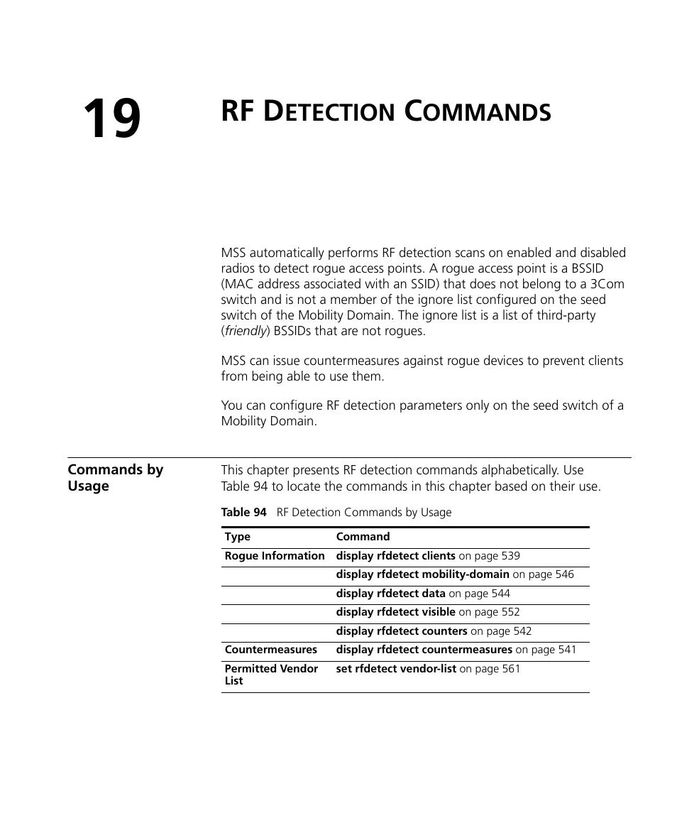 Rf detection commands, Commands by usage, Rf d | Etection, Ommands | 3Com Wireless LAN WX1200 User Manual | Page 533 / 646