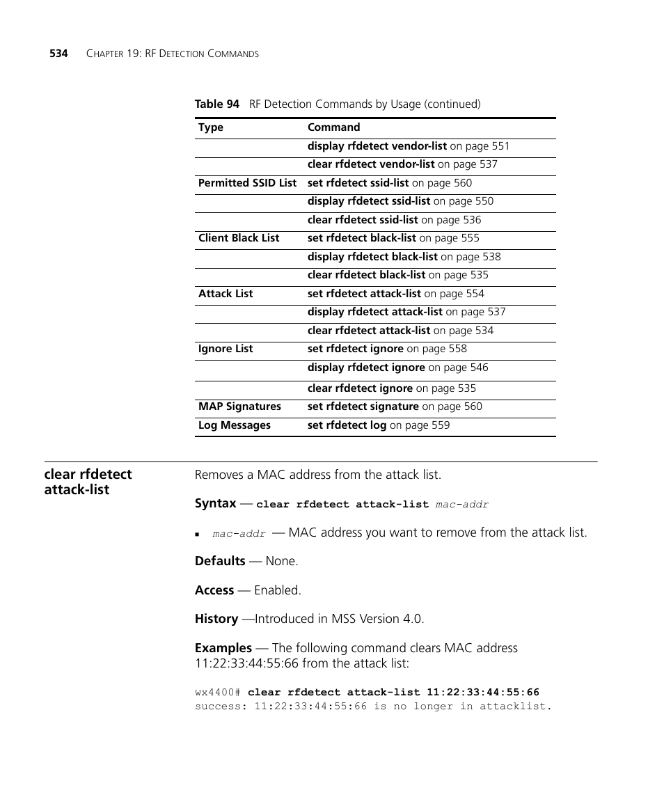 Clear rfdetect attack-list | 3Com Wireless LAN WX1200 User Manual | Page 534 / 646