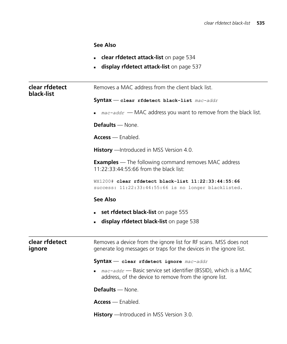 Clear rfdetect black-list, Clear rfdetect ignore | 3Com Wireless LAN WX1200 User Manual | Page 535 / 646